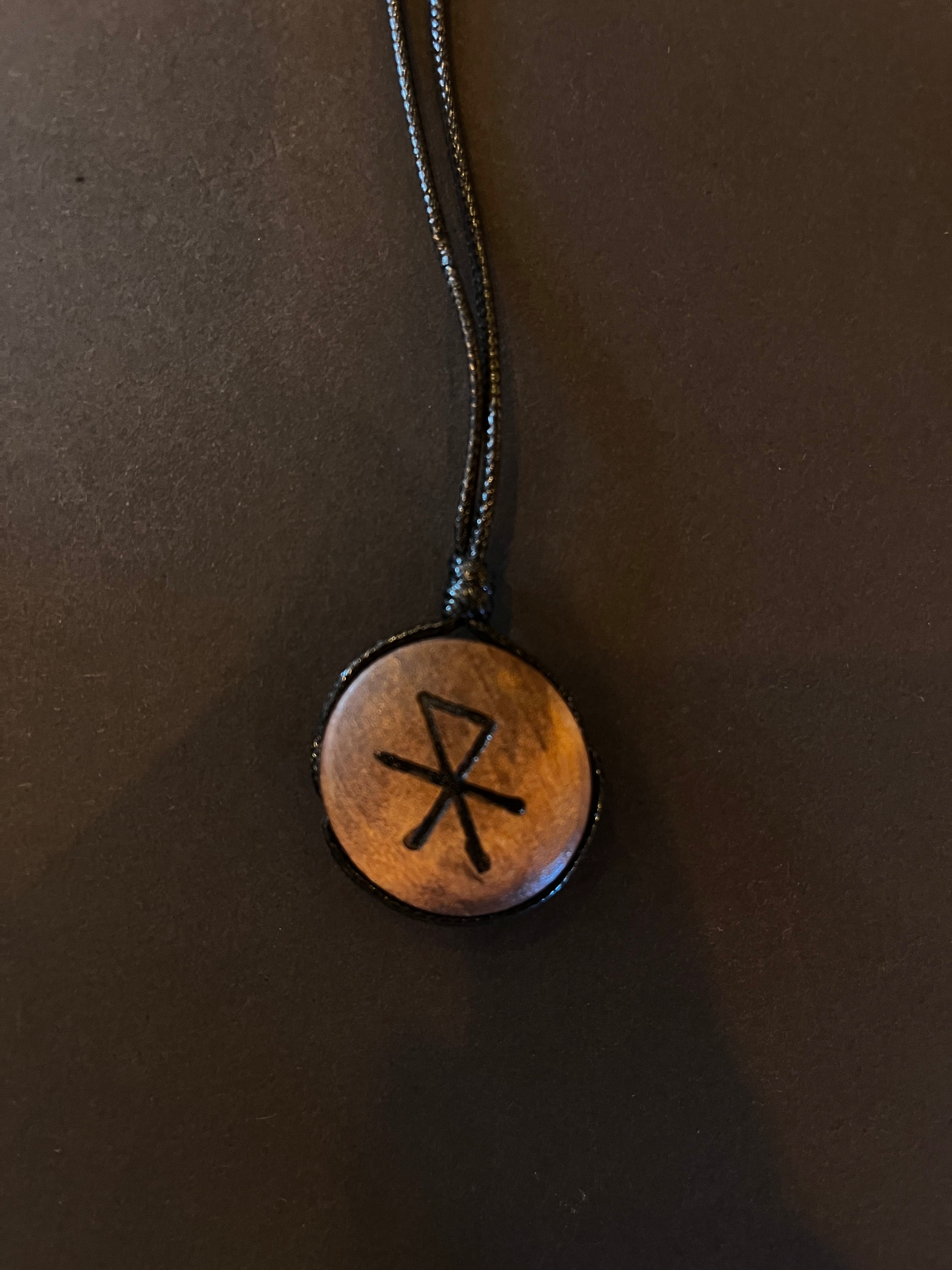 Wooden Necklace With Rune Symbol & Adjustable Leather Band