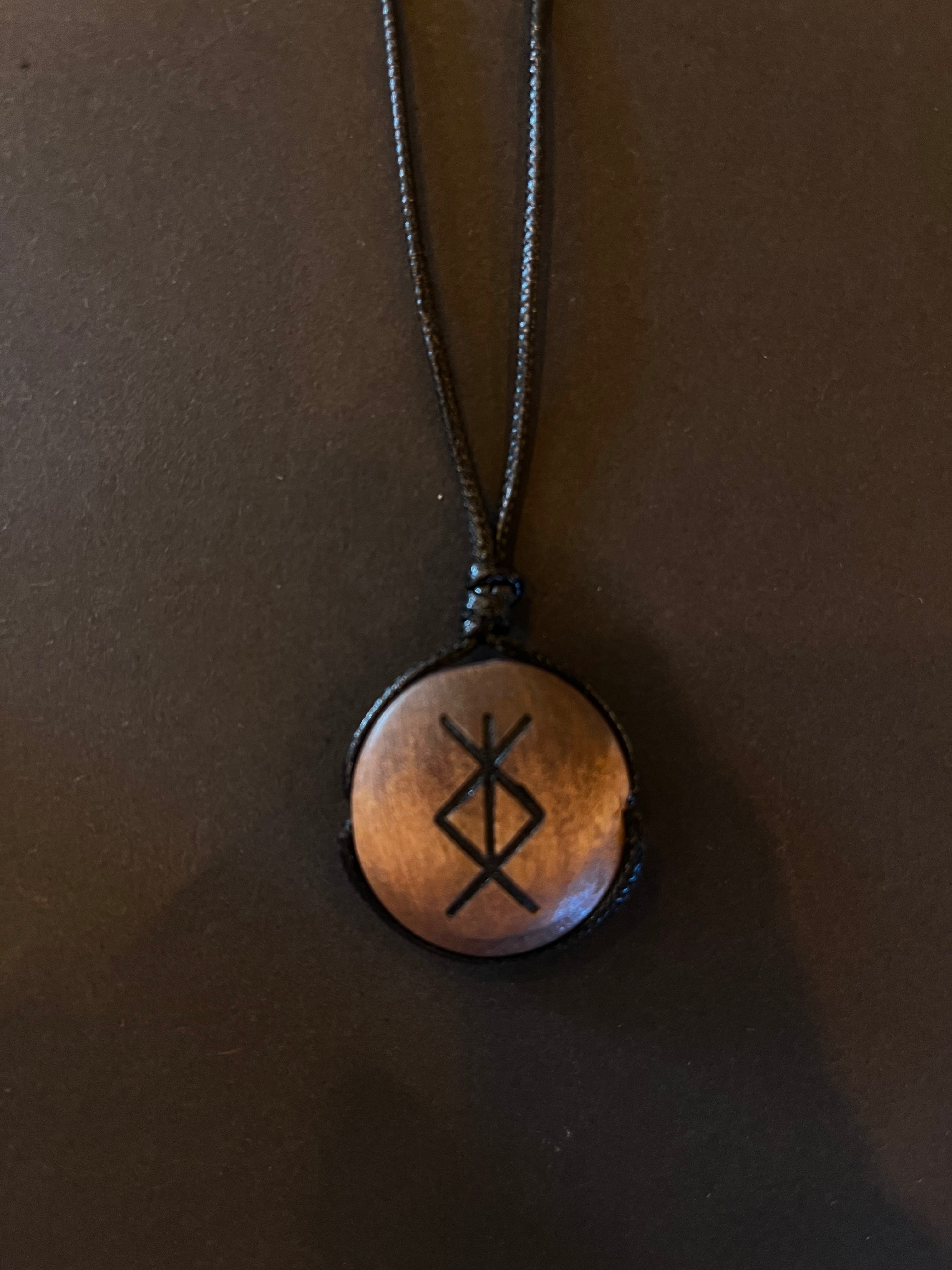 Wooden Necklace With Rune Symbol & Adjustable Leather Band