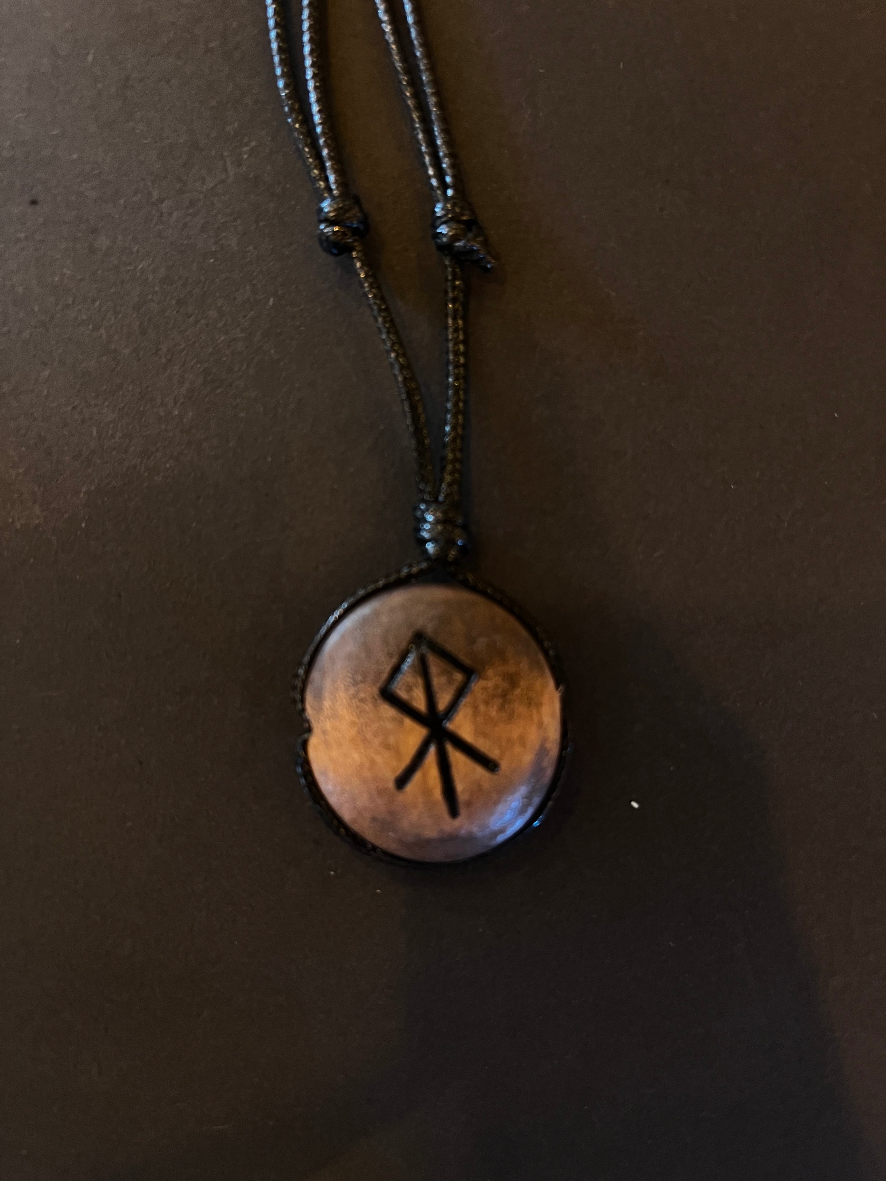 Wooden Necklace With Rune Symbol & Adjustable Leather Band