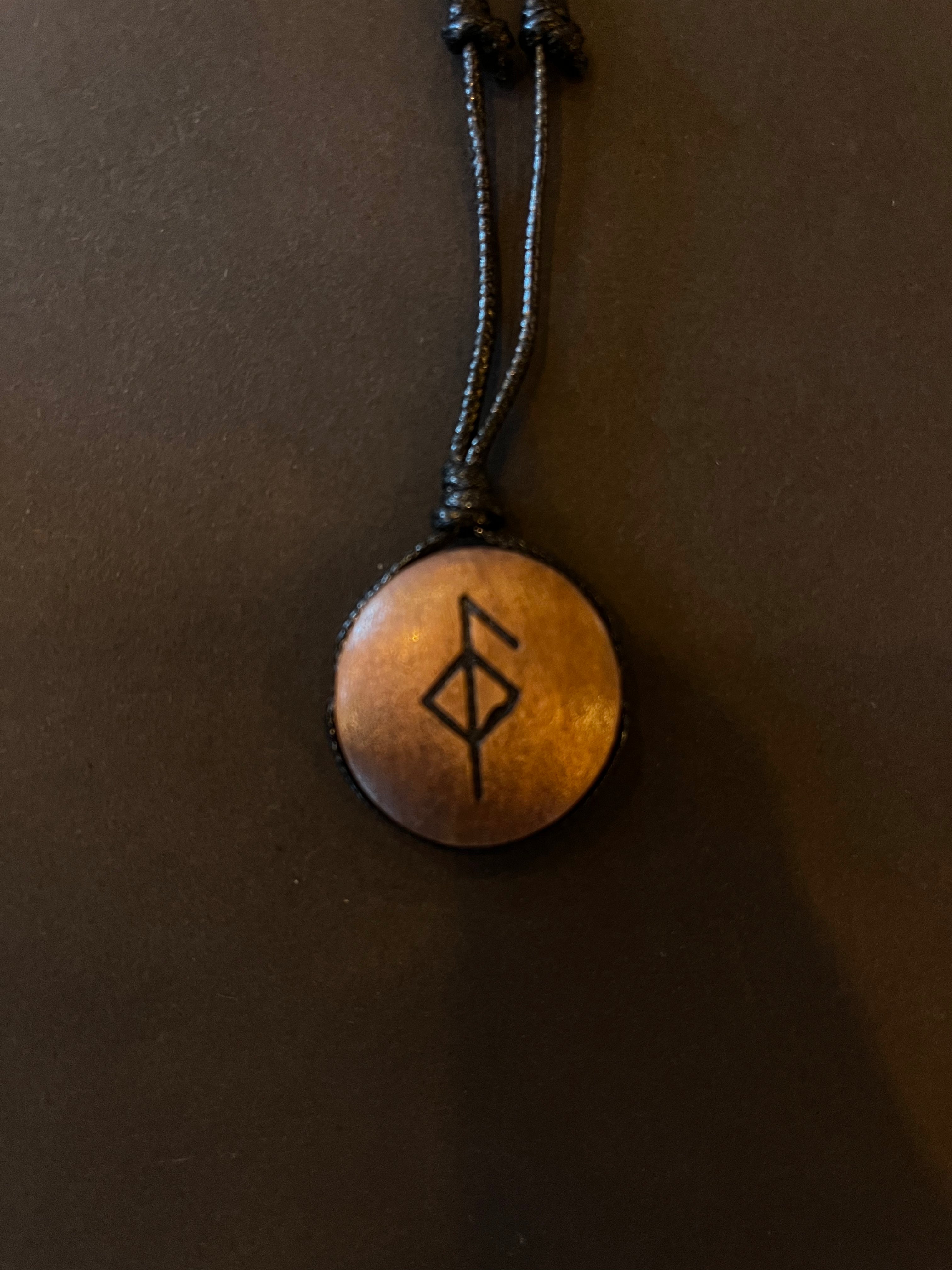 Wooden Necklace With Rune Symbol & Adjustable Leather Band